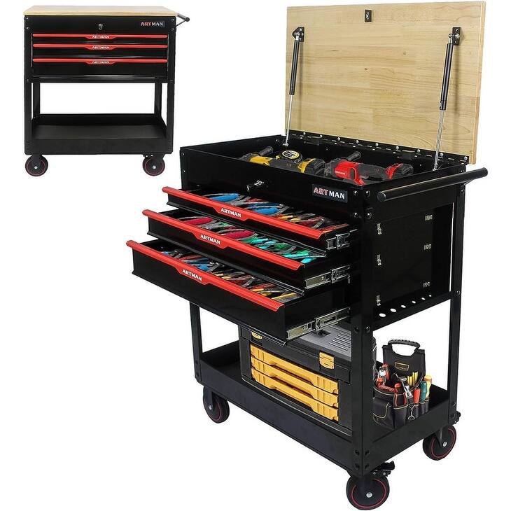 3-Drawer Rolling Tool Cart Wooden Top Storage Tool Box Garage Cabinet