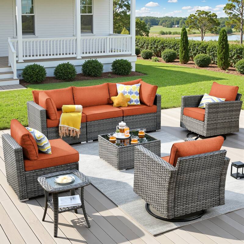 XIZZI 8-Piece Outdoor Patio Wicker Furniture Set with Swivel Chair - Red/Orange