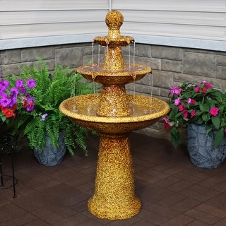 Sunnydaze 3-Tier Floral Motif Ceramic Water Fountain with LED Lights - 45-Inch