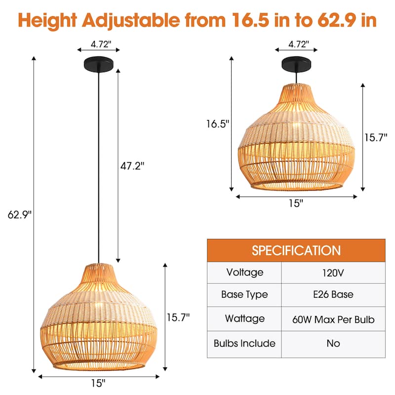 17" Bohemian Woven Wicker Round Adjustable Pendant Light Chandelier for Dining Room