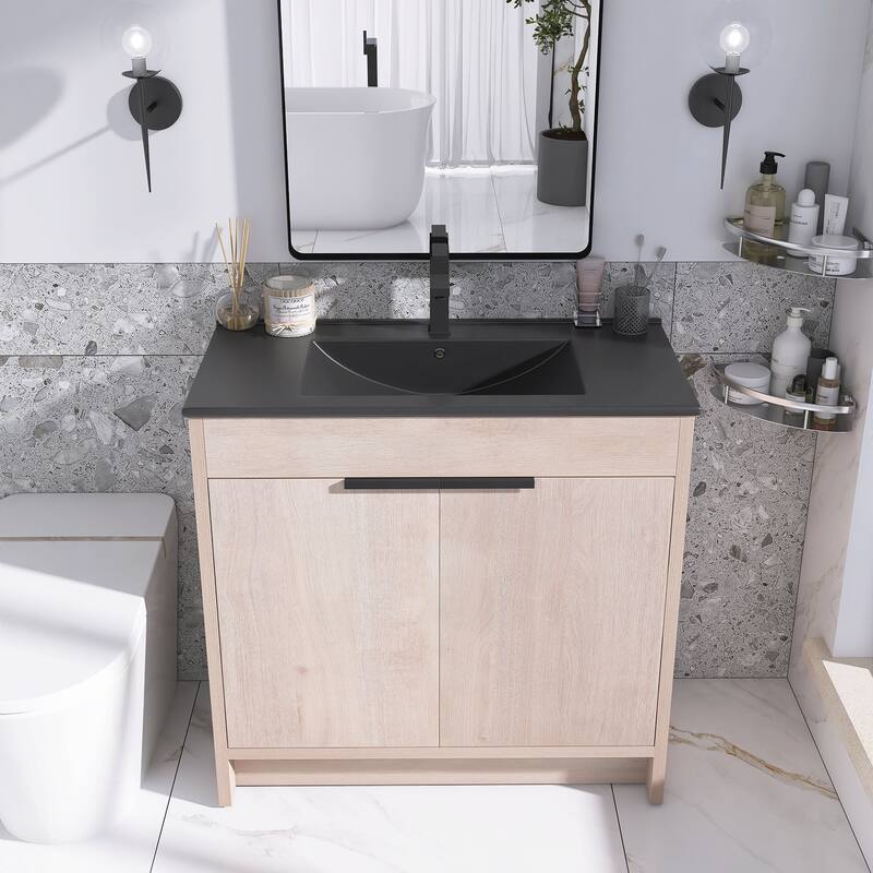 Freestanding Plywood Bathroom Vanity Set in Plain Light Oak with Integrated Sink