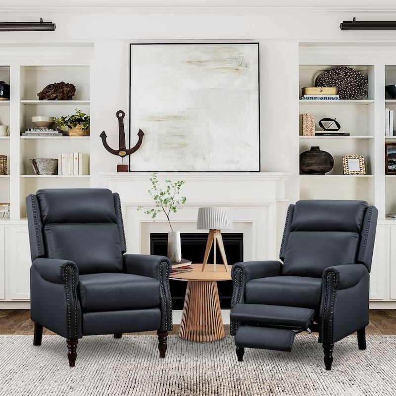 Mid-century Genuine Leather Recliner Adjustable Push Back Comfortable Set of 2 Arm Chairs for Living Room - Blue