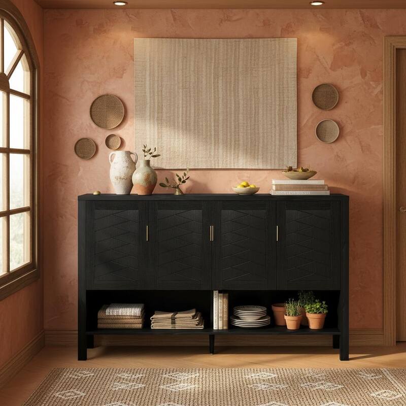 4-Door Geometric Storage Sideboard with Dual Hooks, Adjustable Shelves & Open Base Shelf by Harper&Bright Designs