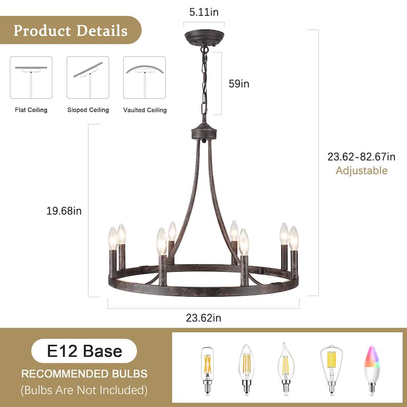 8-Light W23.6" x H82.67" Vintage Rustic Wagon Wheel Chandelier for Living Room