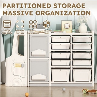 Bus Shape Kids Toy Storage Cabinet with Clutter Organizer Basket
