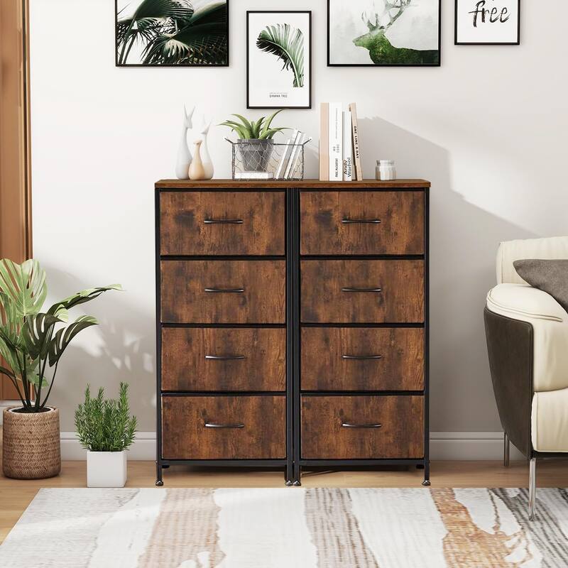 Dresser for Bedroom with 4 Drawers, Anti-Tip Tall Fabric Chests Storage Organizer Tower Furniture with Wooden Top Metal Frame