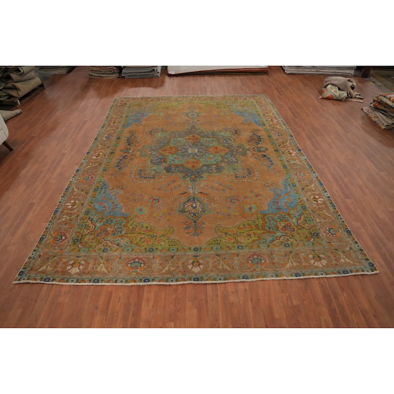 Hand Knotted Oriental 100% Wool Carpet Traditional Floral Oranges & Rust Tabriz Area Rug - 13' 0'' X 9' 8''