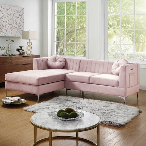 Chloe Pink Velvet Sectional Sofa Chaise with USB charging port