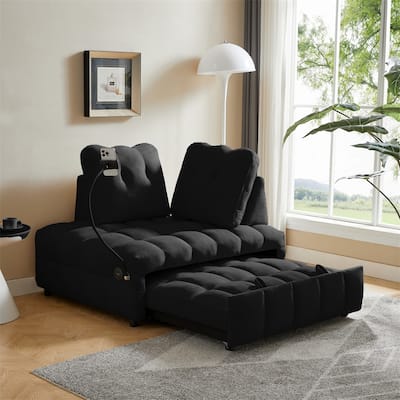 Velvet Pull Out Sofa with Removable Backrest,USB Port and Phone Stand