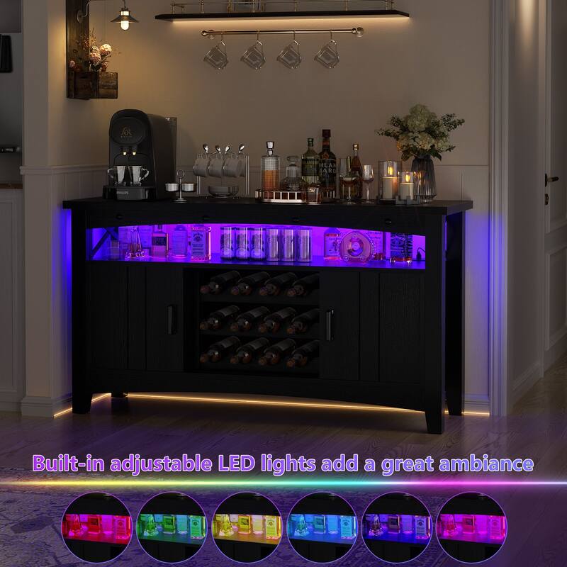 Farmhouse 47" Wine Bar Cabinet with Power Outlets & LED Lights, Industrial Coffee Bar Liquor Cabinet with Shelves & Wine Rack