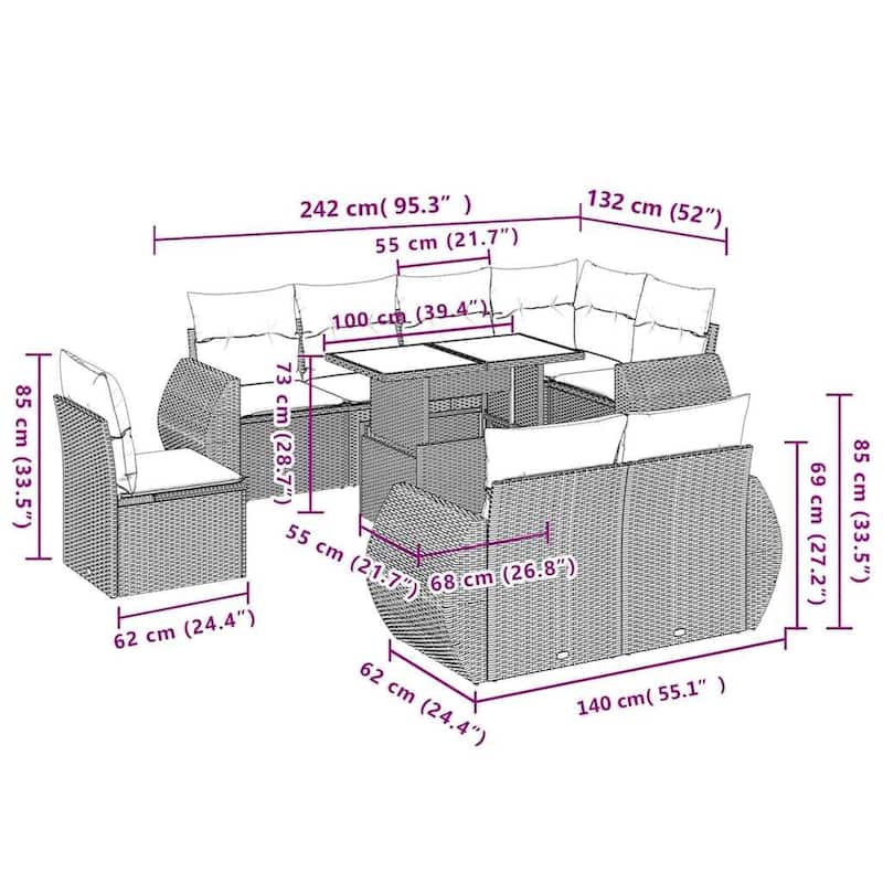 vidaXL Patio Sofa Set with Cushions Outdoor Furniture 9 Piece Poly Rattan
