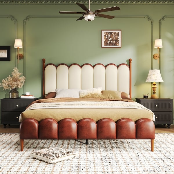 Christopher Knight Home - Leather Upholstered Bed with Headboard & Footboard, Solid Wood Slats & Legs, No Box Spring Needed - Brown + Beige - Queen
