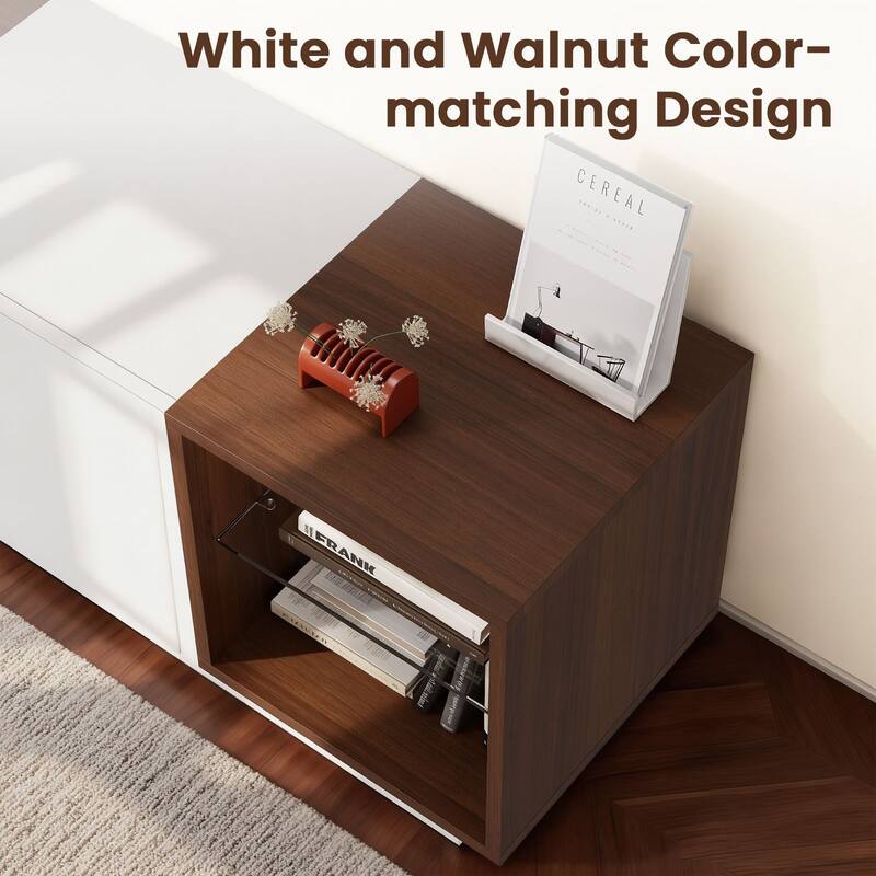 Meyreso 70.8" Modern High Gloss White & Walnut TV Stand with LED Lighting and Open Storage - 70 inches