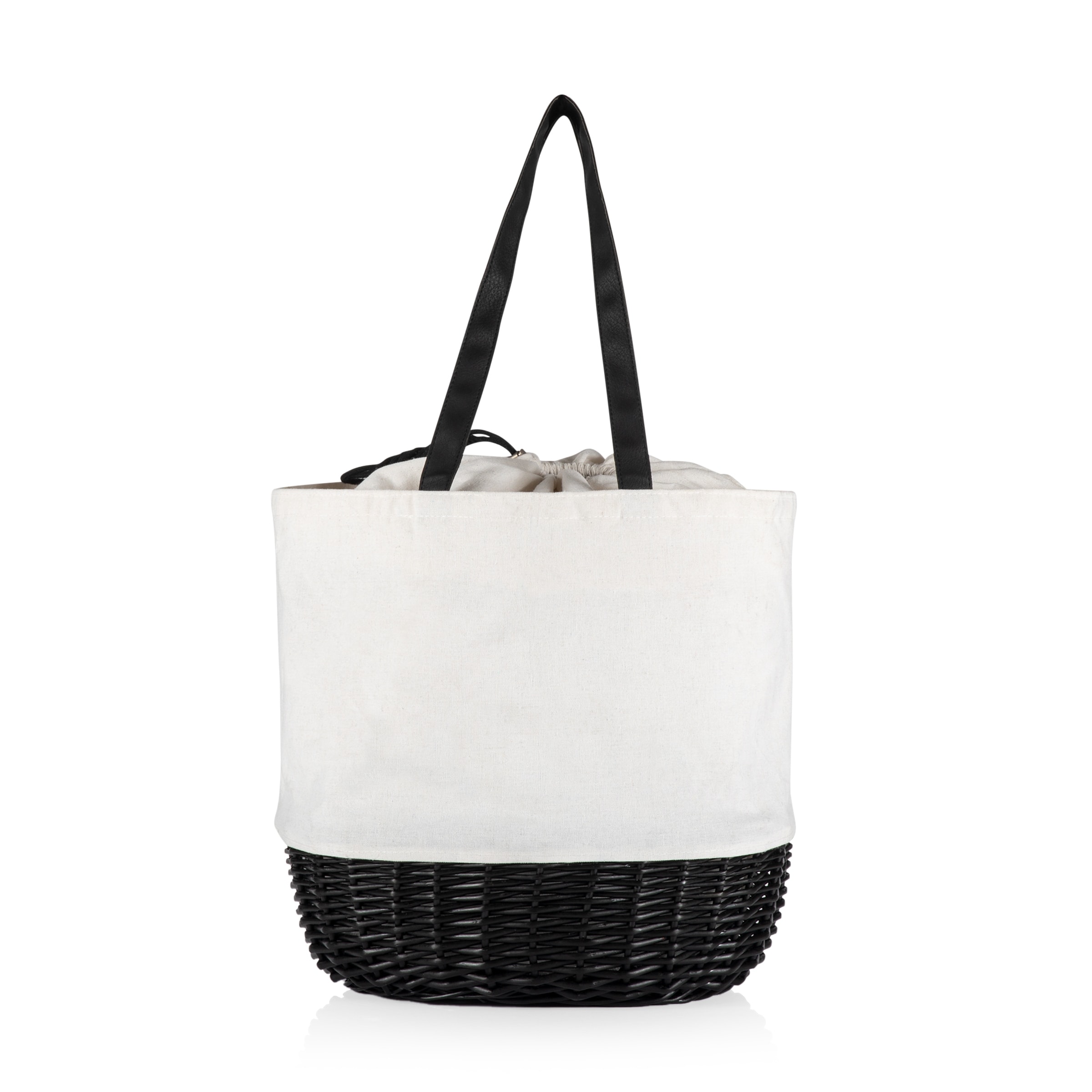 Picnic Time Coronado Canvas and Willow Basket Tote, (White Canvas with Black Accents)