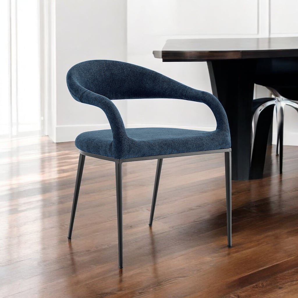 HomeRoots Set of Two Blue And Black Upholstered Polyester Open Back Dining Arm Chairs