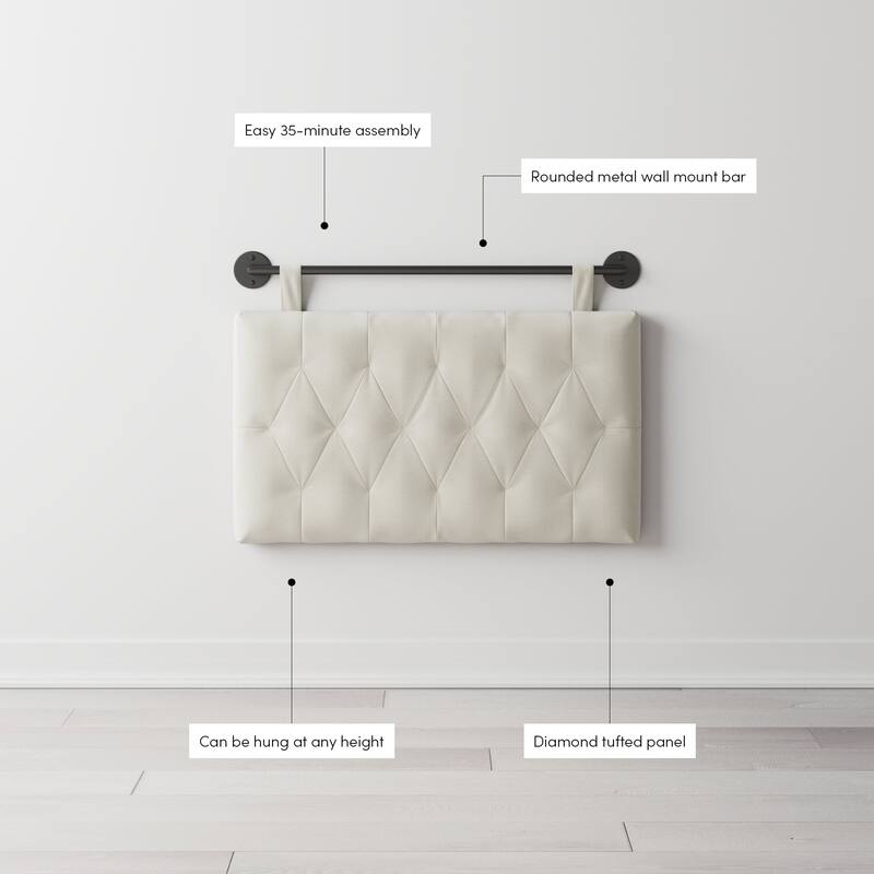 Nathan James Remi Wall Mount Tufted Headboard with Adjustable Straps and Black Metal Rail