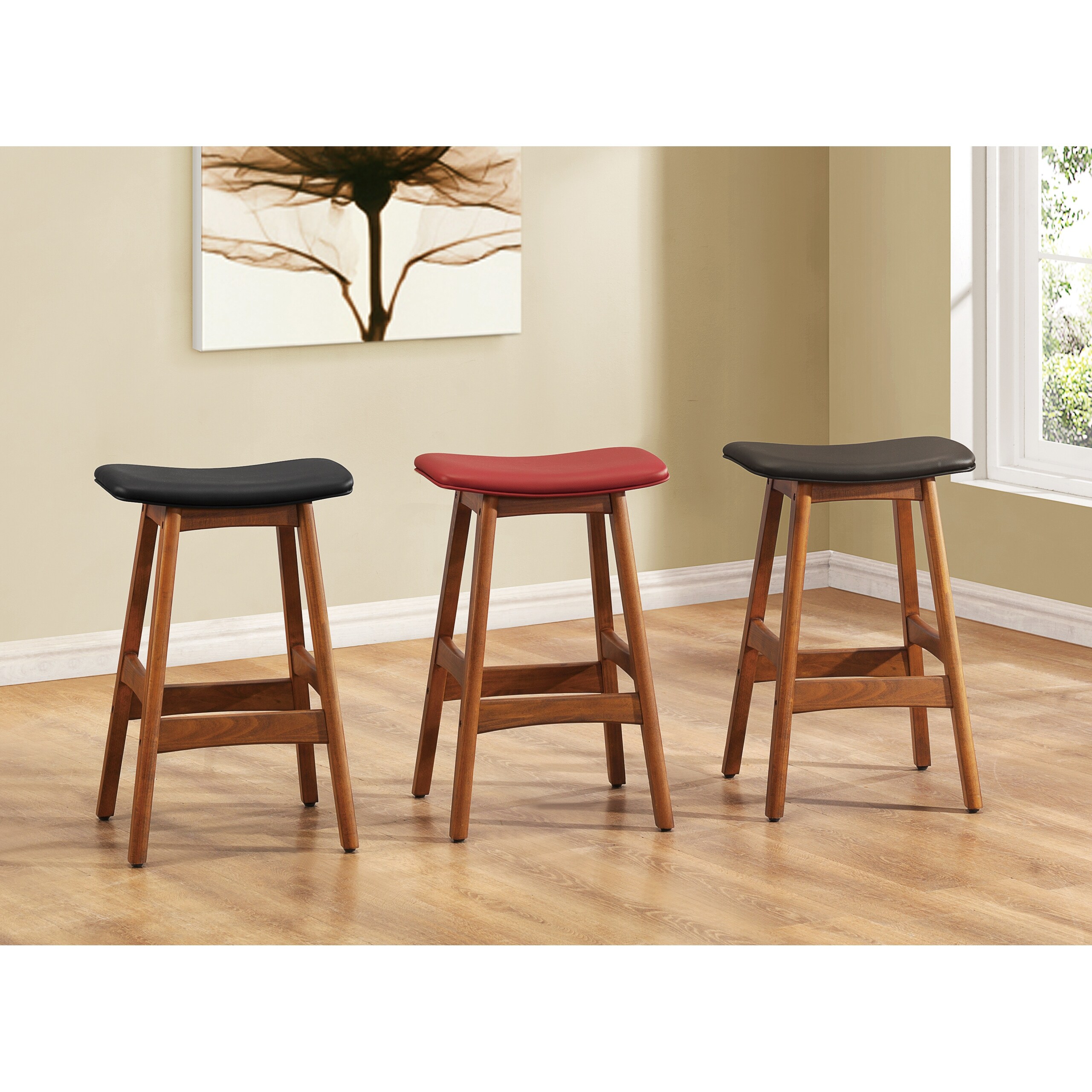 2PC Solid Wood Counter Height Stools,Faux Leather Seat Mid-Century Modern Barstools
