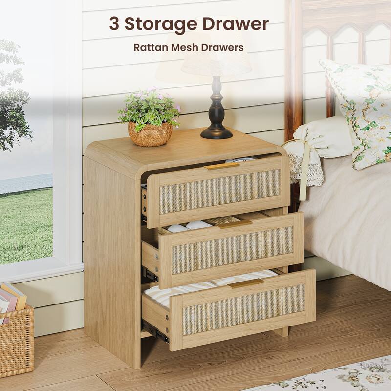 Rattan Nightstand with 3 Drawers, 22.8" Wide Curved Wooden Bedside Table, Modern Storage for Bedroom