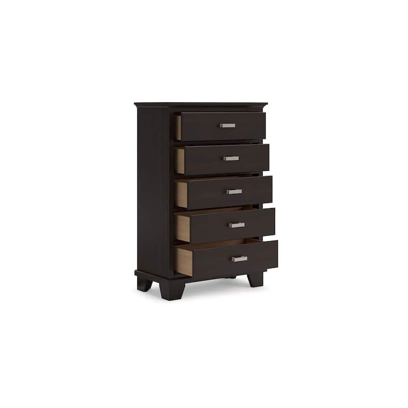 Teno Tall Dresser Chest, 5 Drawers, Nickel, Dark Brown Solid Hardwood