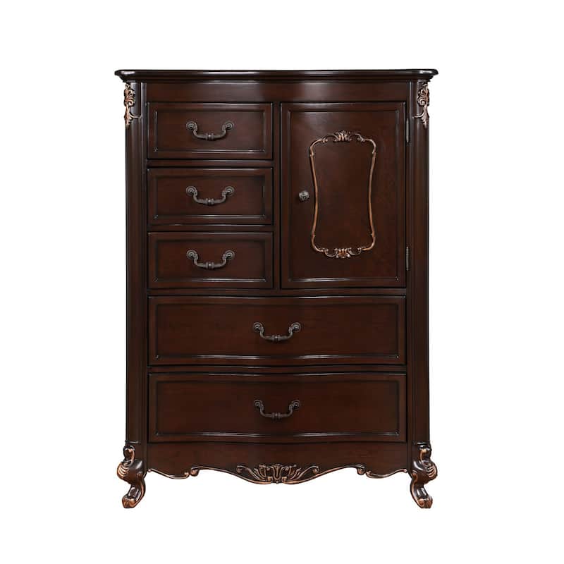Leon 56 Inch Tall Dresser Chest, 5 Drawer, Cabinet, Grooved, Gold, Brown