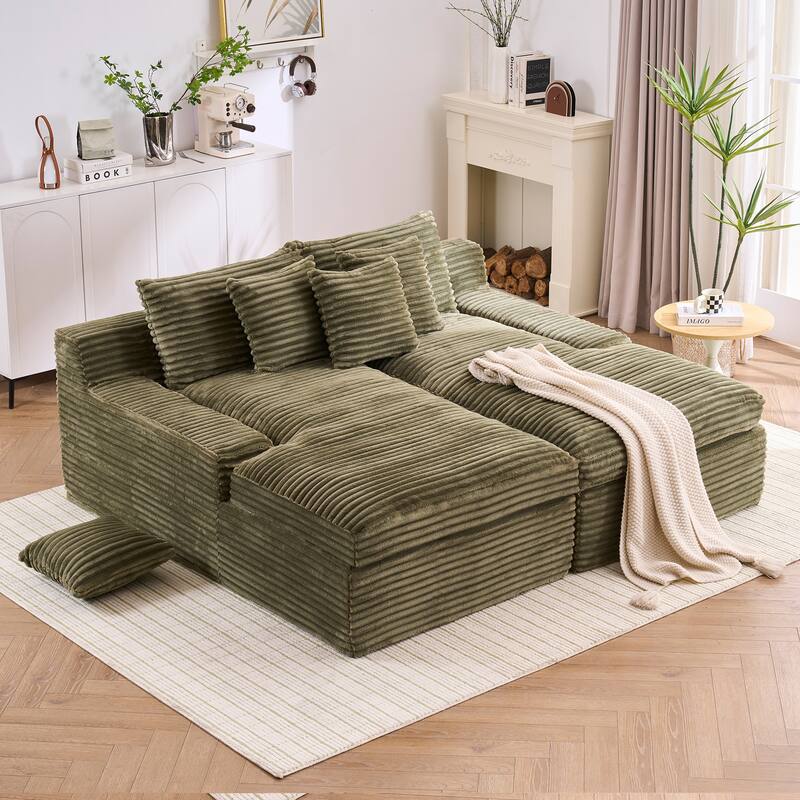 Oversized Corduroy Upholstered Chaise Lounge Sofa / Double Single Side Arm Sleeper Sofa Couch / Modular Recliner Sofa