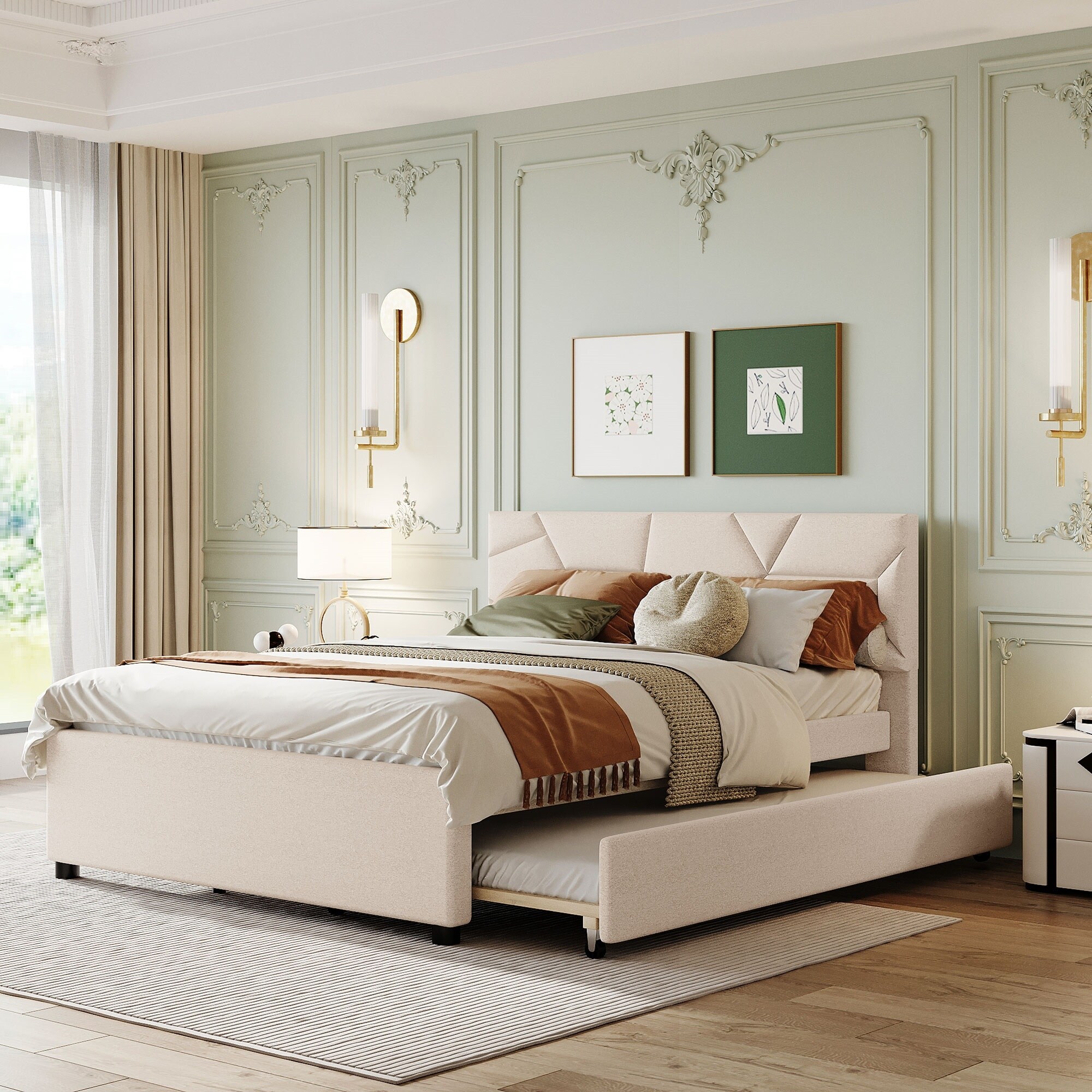 Beige Queen Platform Bed, Grounded Bed w/ Twin XL Trundle Lrregular Bricks Shape Headboard Linen