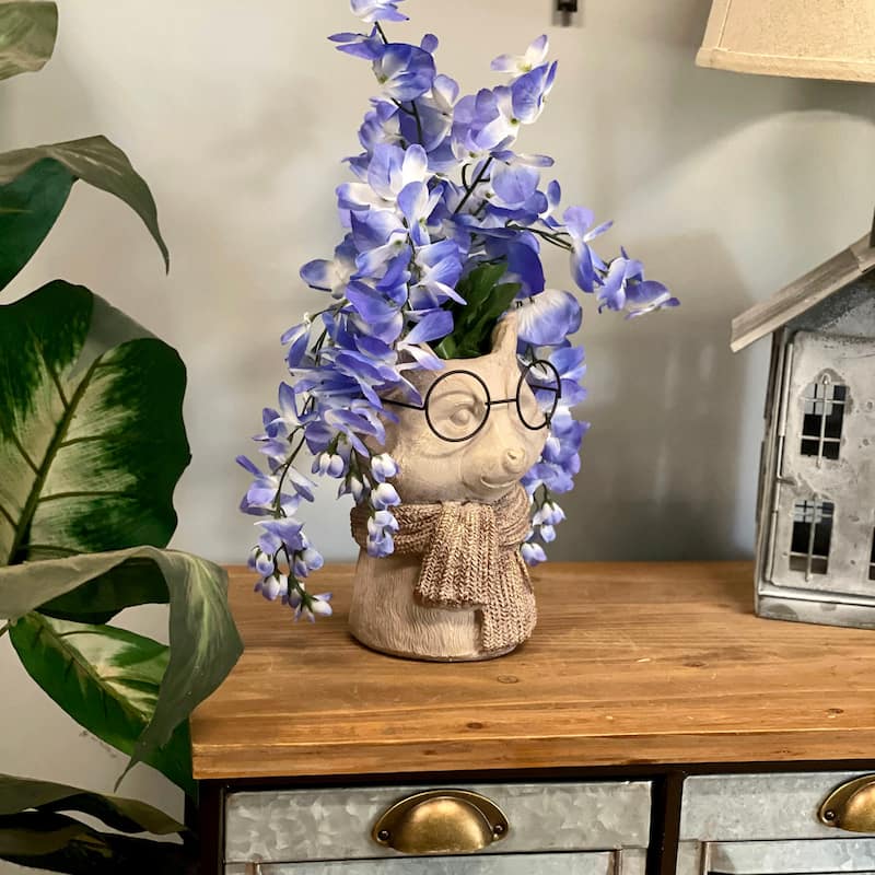 Bespectacled Fox Cement Vase 8.25In Cute Fox Planter, Animal Flower