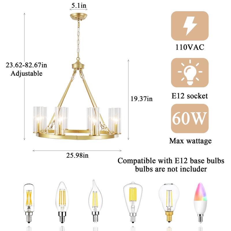 25.98inch 8-light Farmhouse Wagon Wheel Height Adjustable Chandelier With Glass Shade for Multiple Spaces
