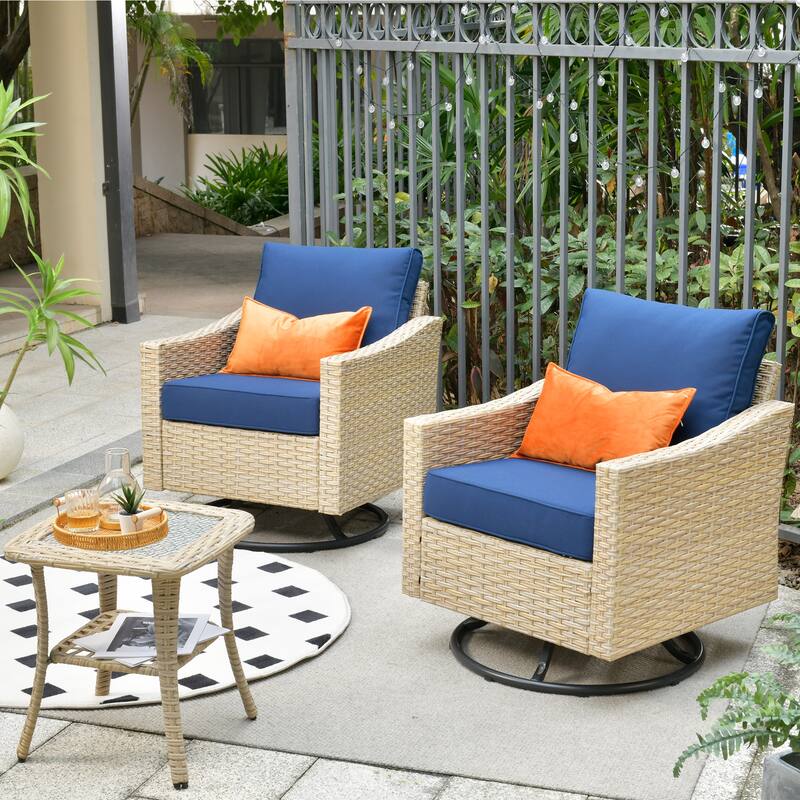 HOOOWOOO 3-piece Rattan Patio Swivel Rocking Chair Set with Side Table - Navy Blue