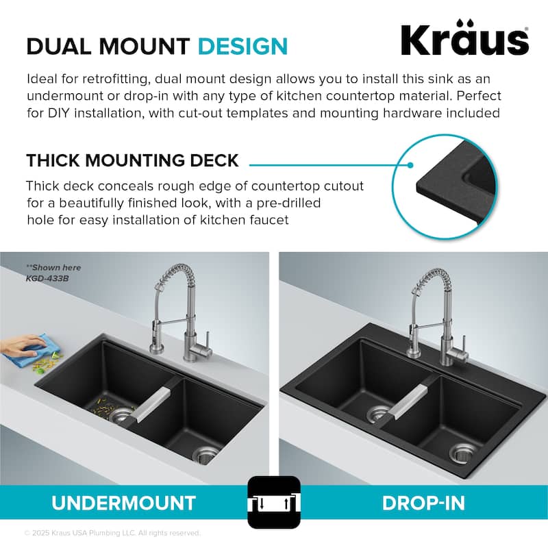 KRAUS Granite 33 inch 2-Bowl Undermount Drop-in Kitchen Sink