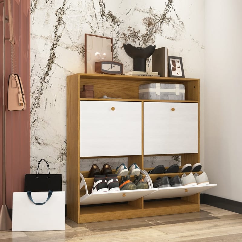 Slim 4-Door Flip Shoe Cabinet with Top Shelf & Anti-Tip Safety Feature