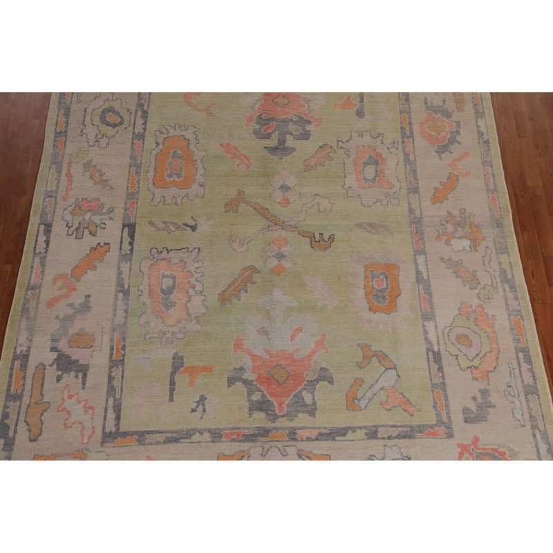 Hand Knotted Oriental 100% Wool Carpet Transitional All-Over Green Oushak Area Rug - 11' 4'' X 8' 8''