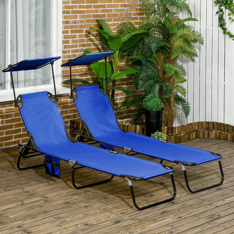 Outsunny Folding Chaise Lounge Pool Chairs, Set of 2 Outdoor Sun Tanning Chairs with Sunshade Face Guard - Blue