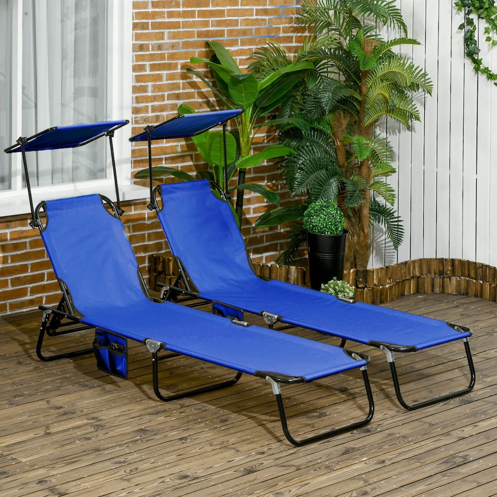 Outsunny Folding Chaise Lounge Pool Chairs, Set of 2 Outdoor Sun Tanning Chairs with Sunshade Face Guard
