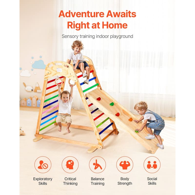 Colorful 4 in 1 Indoor Playground Jungle Gym for Kids with Slide Climbing Rock Wooden Ladder Gym Rings and 220 lbs Capacity