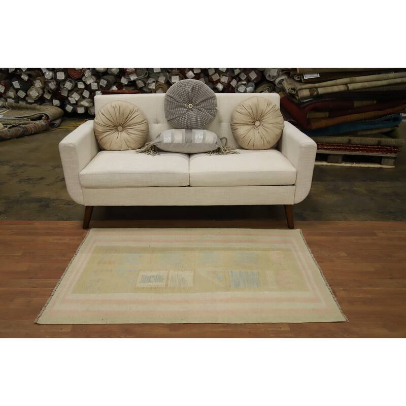 Hand Woven Oriental 100% Wool Carpet Southwestern Tribal Yellow & Gold Kilim Area Rug - 4' 9'' X 3' 2''