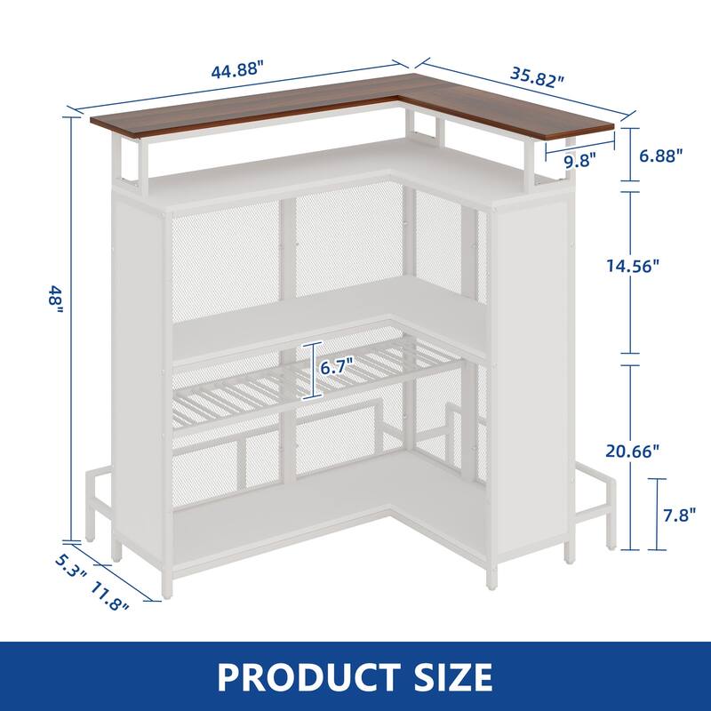 Moasis Home Bar Unit L-shape Liquor Bar Table with 2-Tier Storage and Shelves