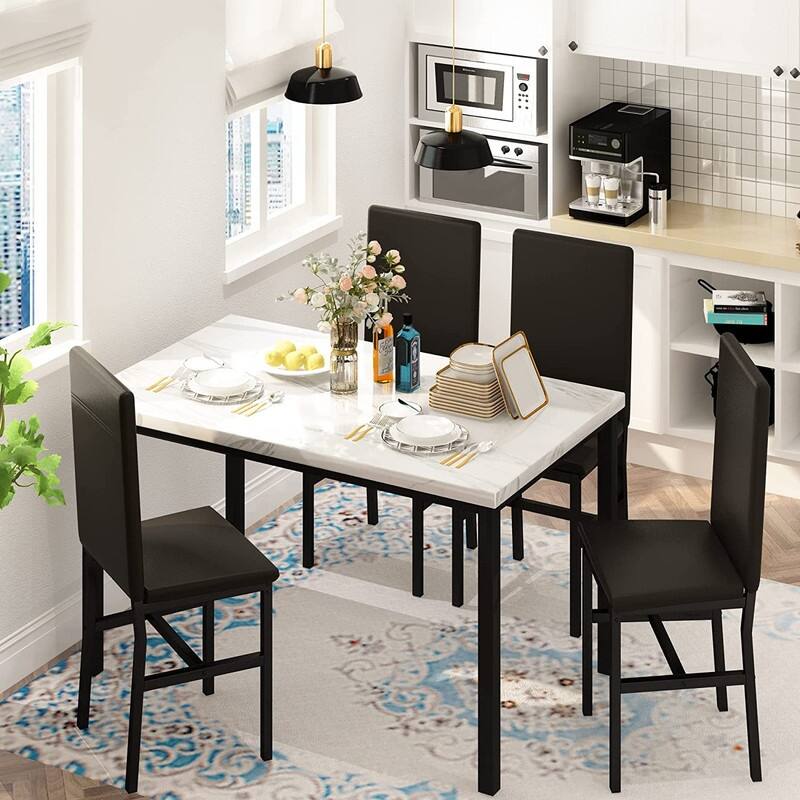 Modern Kitchen Dining Table Set for 4, Faux Marble Dining Set with 4 PU Leather Upholstered Chairs for Living Room, Kitchen