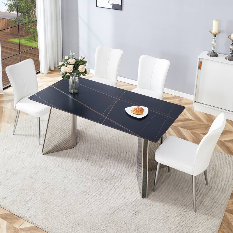 Modern Style Dining Set with Rectangular Stainless Steel Butterfly Legs Table and Vertical Stripe Dining Chairs