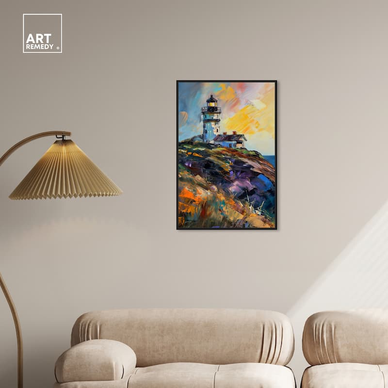Art Remedy Colorful Lighthouse Framed Impressionism 1 Piece Canvas Wall Art /Monet And Van Gogh Inspired Art
