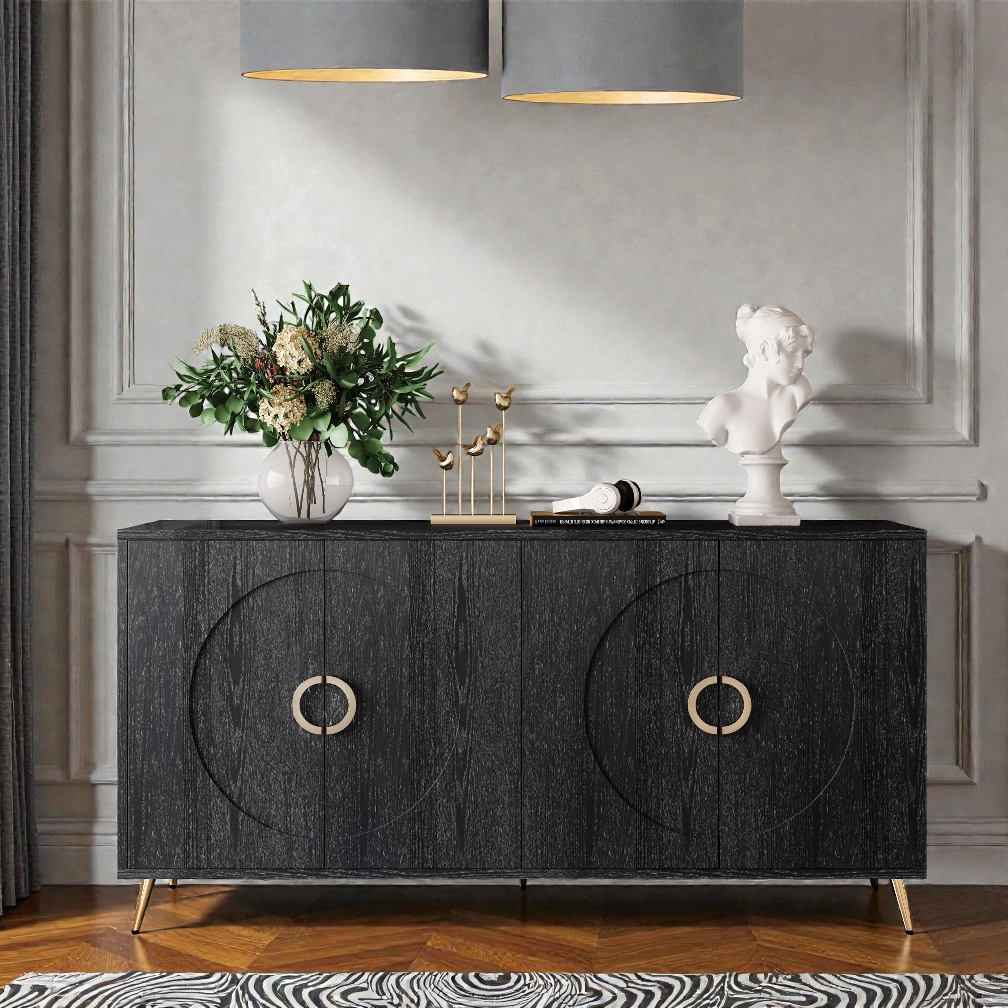 Modern Lacquered Sideboard Buffet Cabinet with 4 Doors, Distressed Wood Storage Cabinet with Adjustable Shelves