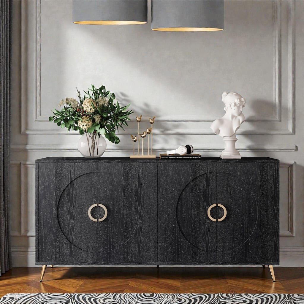 Modern Lacquered Sideboard Buffet Cabinet with 4 Doors, Distressed Wood Storage Cabinet with Adjustable Shelves