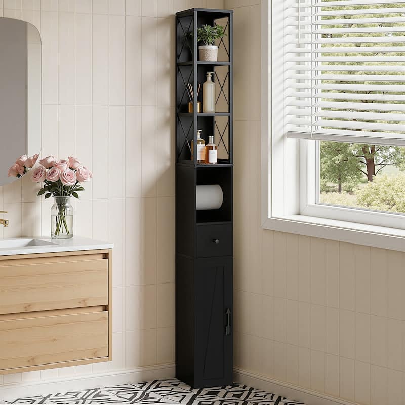 Javlergo Tall Bathroom Cabinet, Narrow Slim Storage Cabinet with Toilet Paper Holder and Drawer For Small Spaces