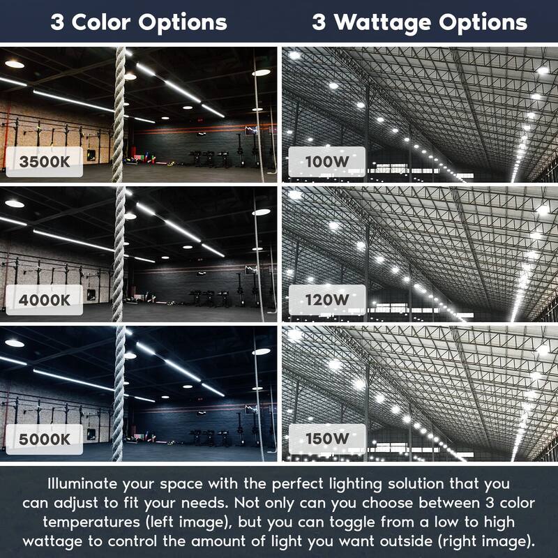 Luxrite 100/120/150W UFO High Bay LED Shop Lights, Up to 22500 Lumens, 3CCT, 5FT Hardwire Cable, IP65, UL 2 Pack