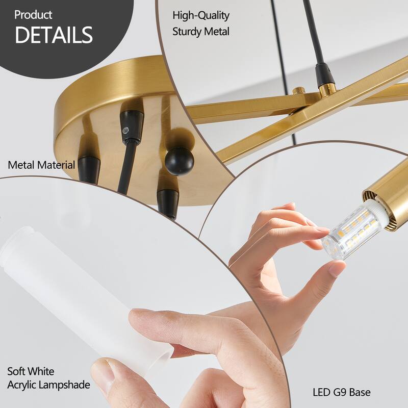 Modern Golden Chandelier with Frosted Tubes, Black Cords, for Dining Room, Living Room and Kitchen Island, Bulb Not Included