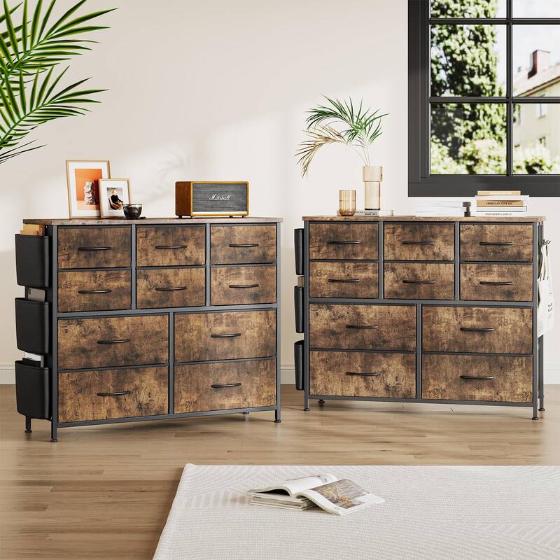 Fabric 10 Drawer Dresser for Bedroom, Metal Frame Storage Organizer Chest with Side Pockets, Hooks