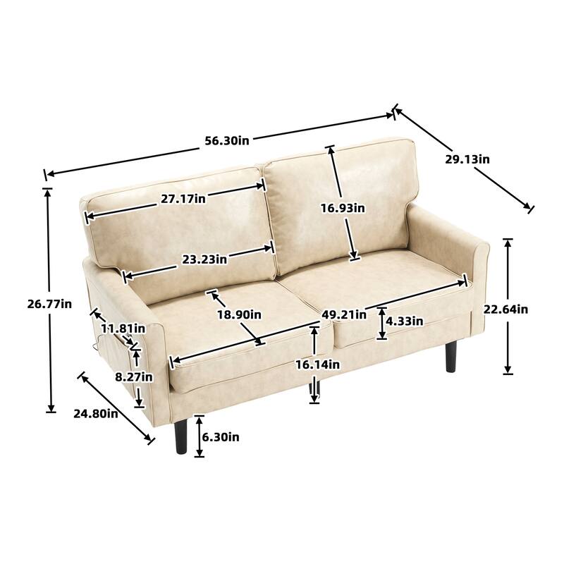 Roomfitters PU Loveseat Sofa, Mid-Century 2-Seater Couch with USB and Removable Pillow Covers for Living Room or Apartment