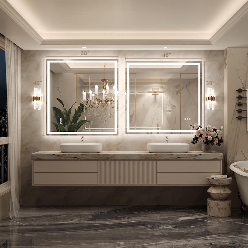 Frameless LED Front Light and Backlit 3 Colors Dimmable Anti-Fog Wall Bathroom Vanity Mirror - 48" x 30"-Square Corner