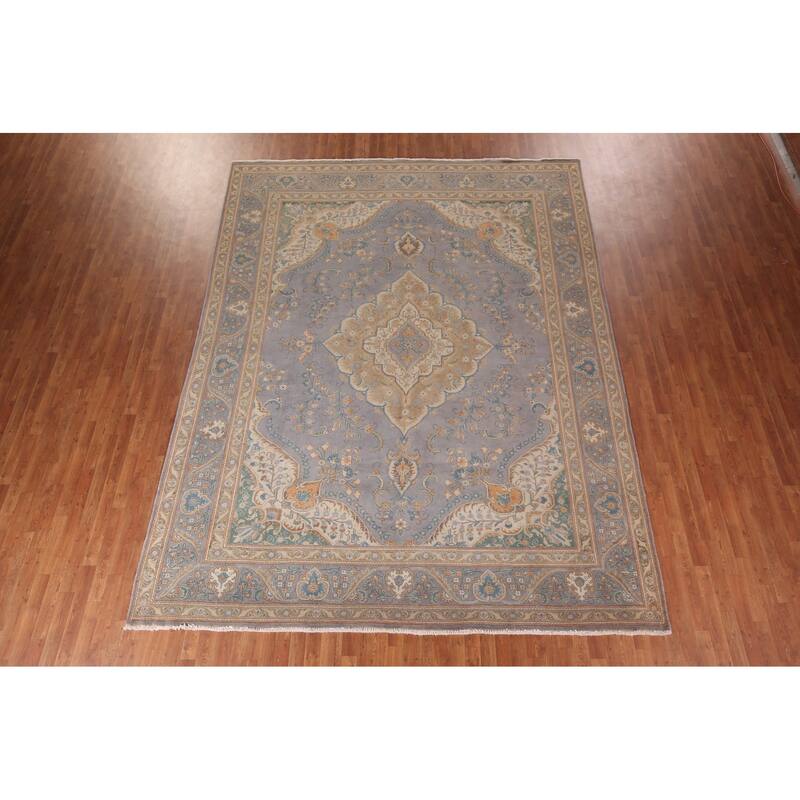 Tabriz Persian Vintage Area Rug Hand-Knotted Blue Wool Carpet - 9'10"x 12'9"
