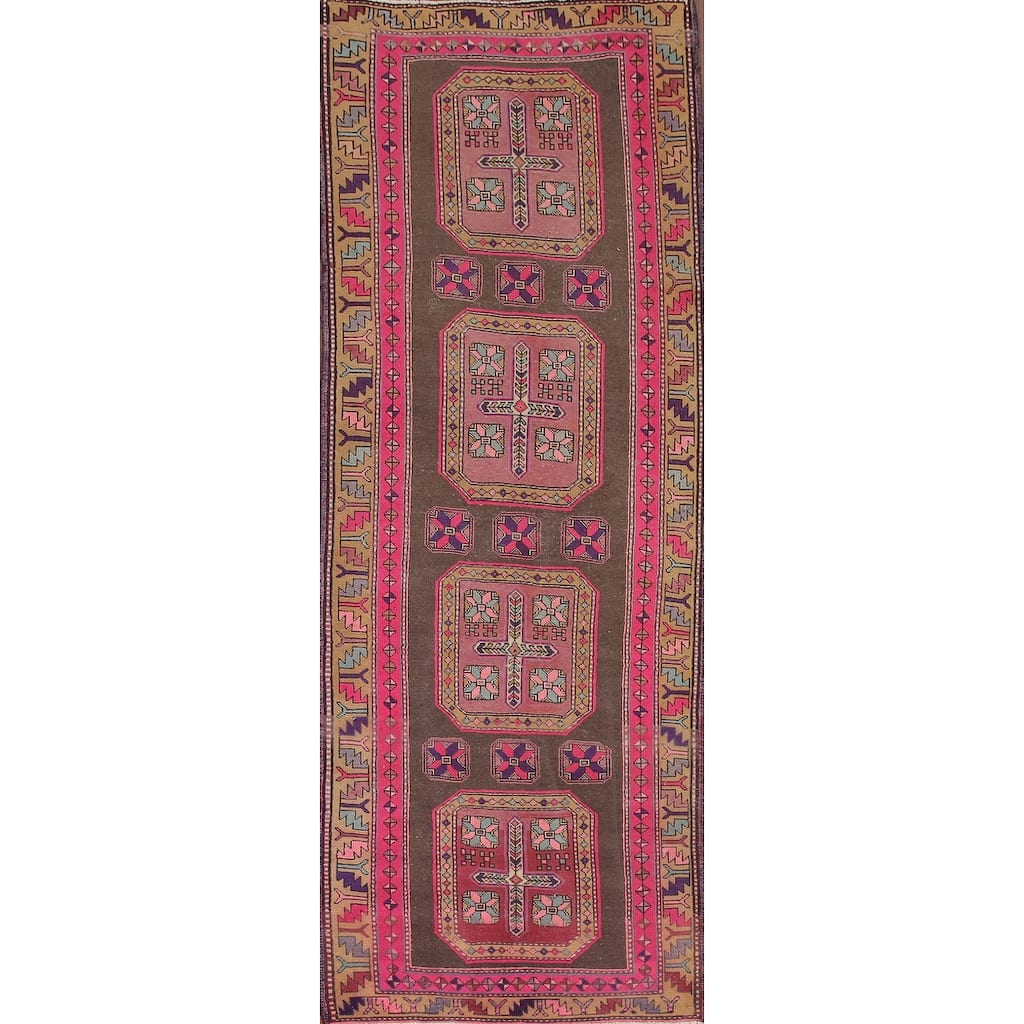 Ardebil Persian Vintage Runner Rug Handmade Geometric Wool Carpet - 3'8" x 10'6"